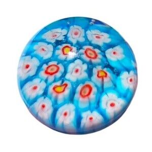 VTG Millefiori Art Glass Paperweight Colorful Turquoise Blue & Red Floral Dome